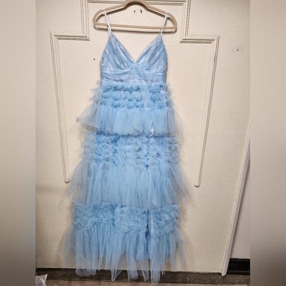 Lulus Gorgeous Statement Blue Tulle Tiered Ruffled Maxi Dress L Party Prom - Picture 6 of 9